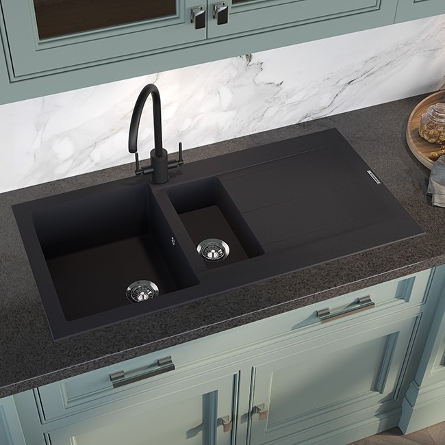 Pyramis Alazia composite black 1.5 bowl sink | Bowl and half Composite ...